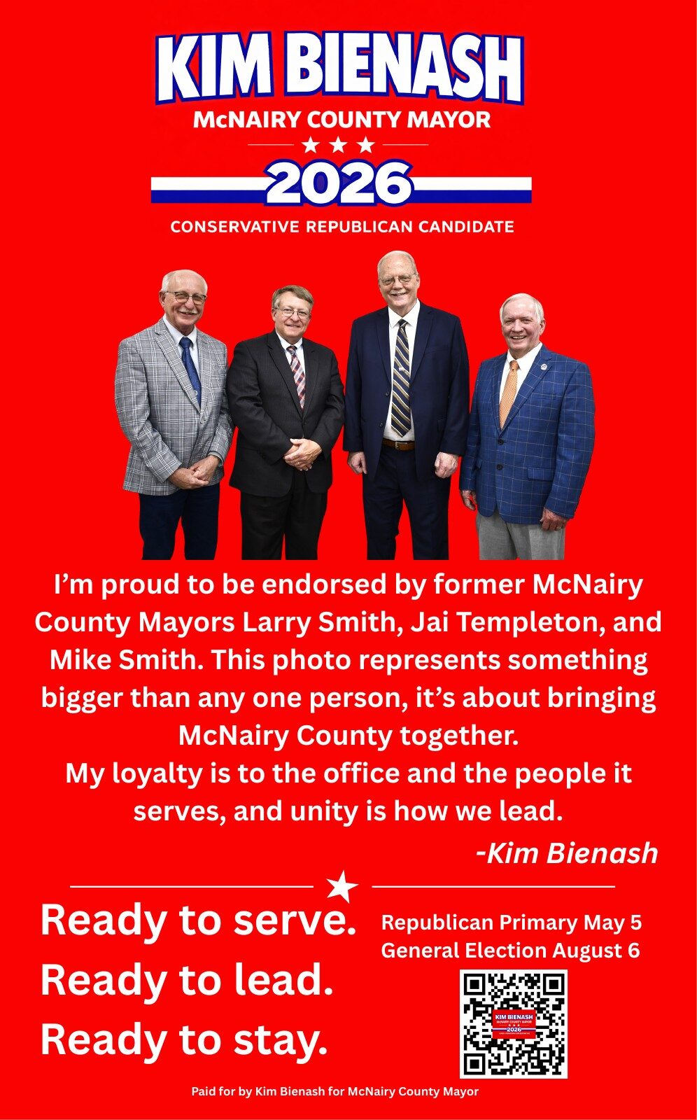 Kim Bienash endorsement ad featuring former McNairy County Mayors Larry Smith, Jai Templeton, and Mike Smith — as seen in the McNairy County News
