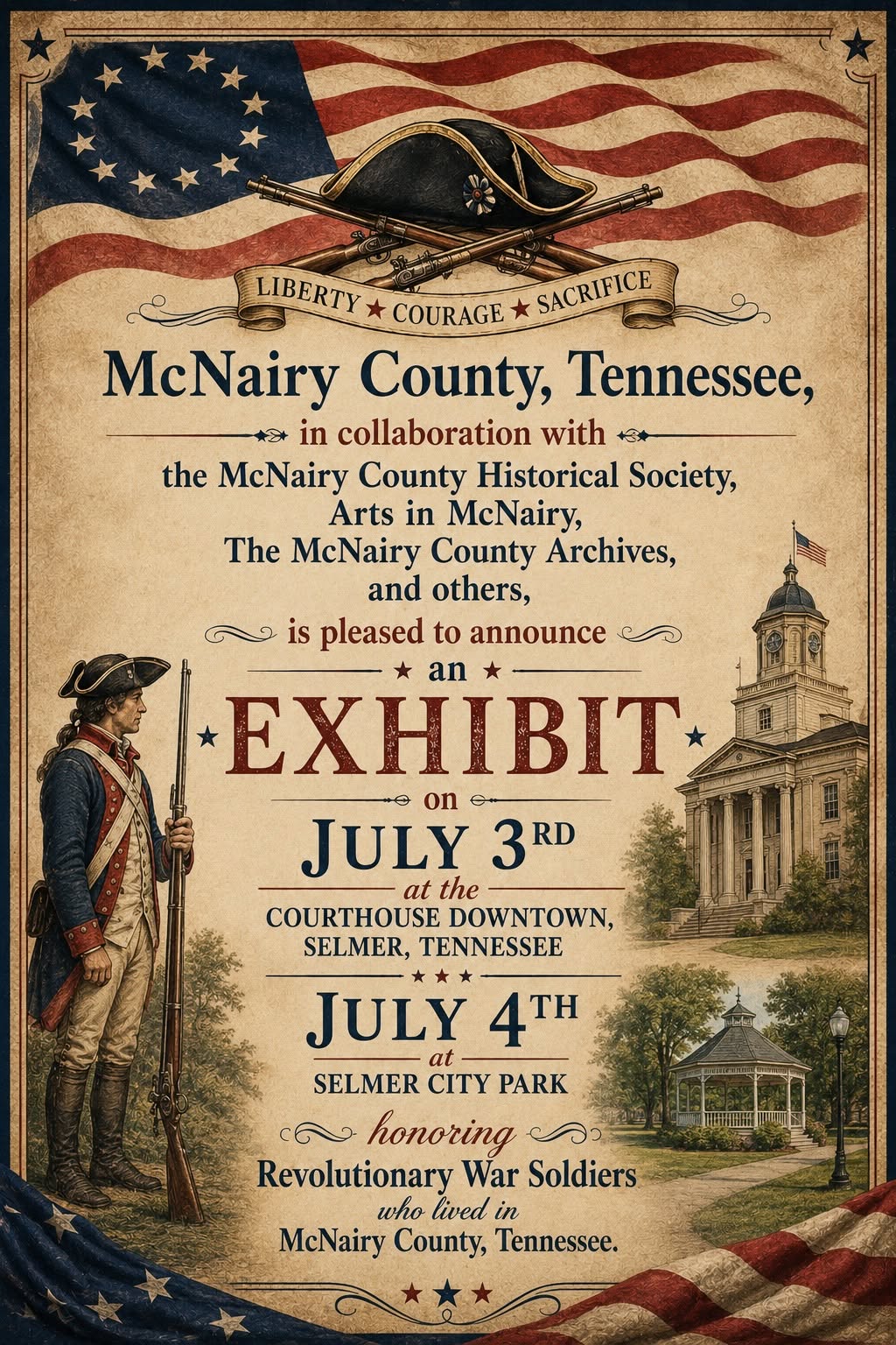 Liberty, Courage, Sacrifice exhibit poster honoring Revolutionary War soldiers of McNairy County &mdash; July 3 at the Selmer Courthouse and July 4 at Selmer City Park